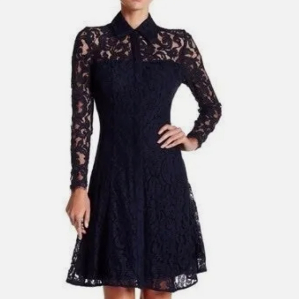 Lace Dress with Collar Navy Blue